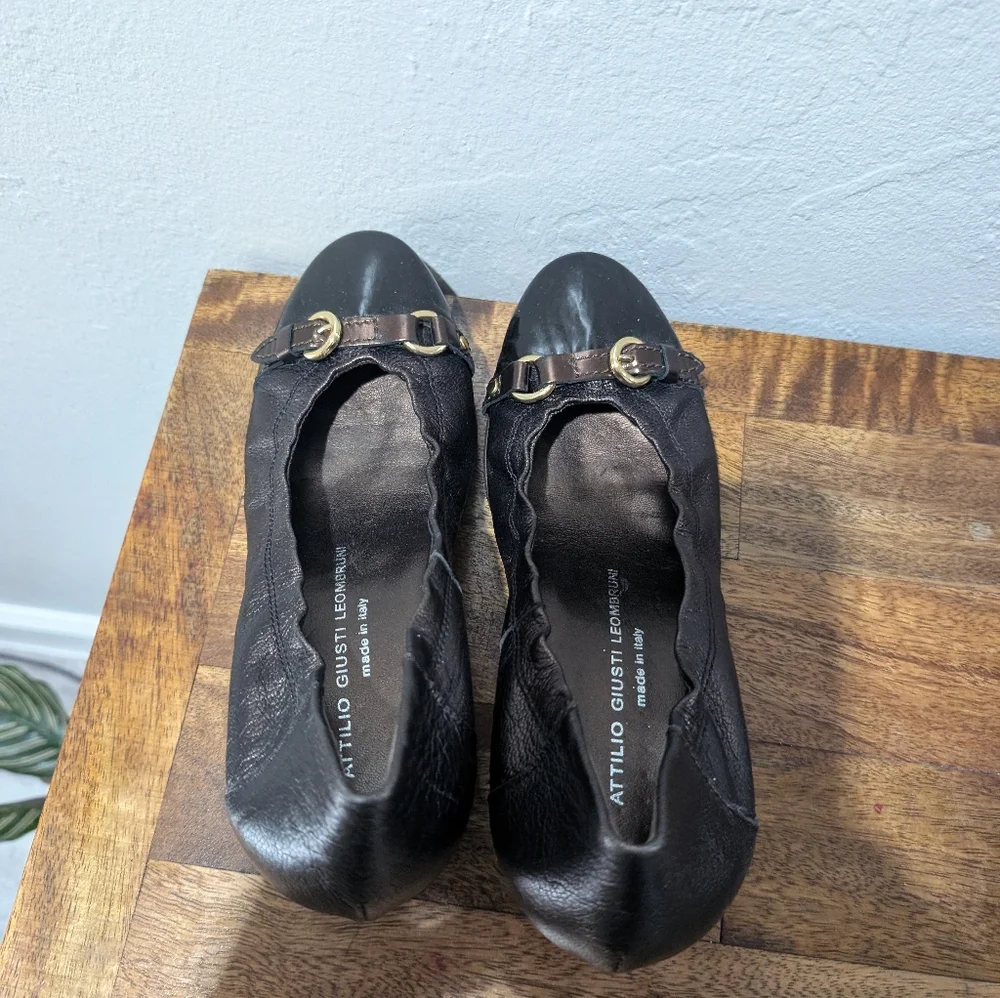 AGL Attilio Giusti Leombruni Bronze‎ Black Leather Buckle Pumps Size 38.5/8.5